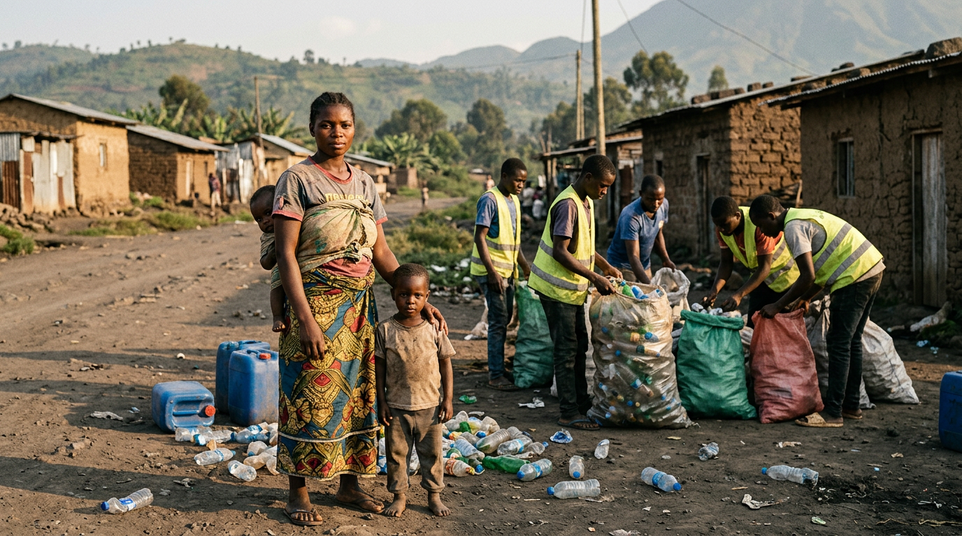 Young people collecting plastic waste in a community street
